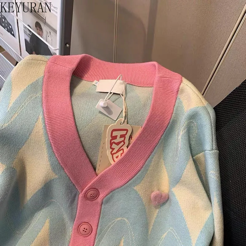 Koreański kontrastowy kolor Argyle dziergany sweter sweter kobiet w stylu Vintage jesień O szyi długi guzik na rękawie damska odzież wierzchnia