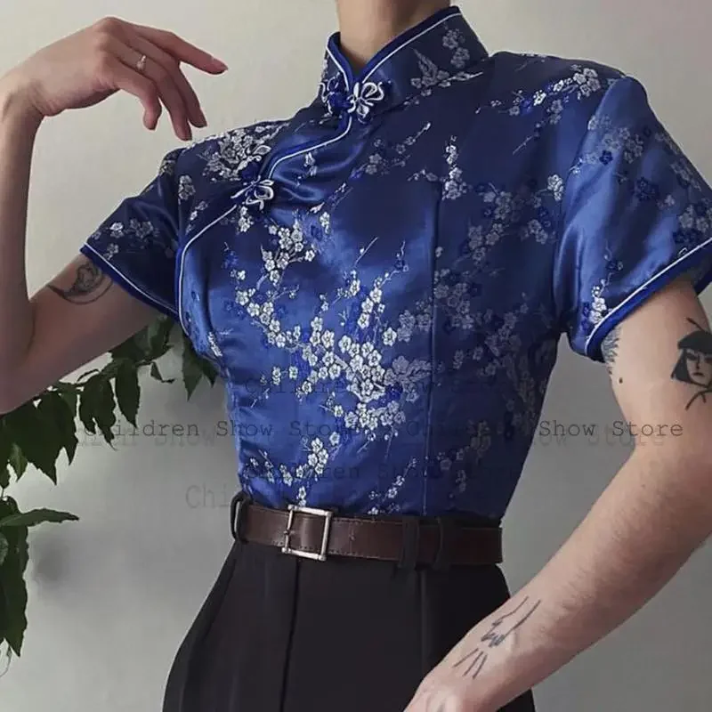 Camisa feminina de cetim vermelho tradição chinesa ano novo chesongam topos blusa de manga curta casamento tang roupas tamanho grande 3xl4xl