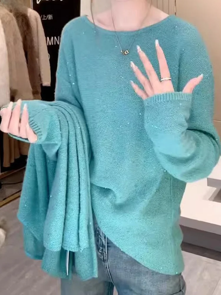 

iny Large Size Knitted Sweater round Ne Long Sve Women's Overhead Top Lazy Sle Loose Fit Breathable Casual Wear