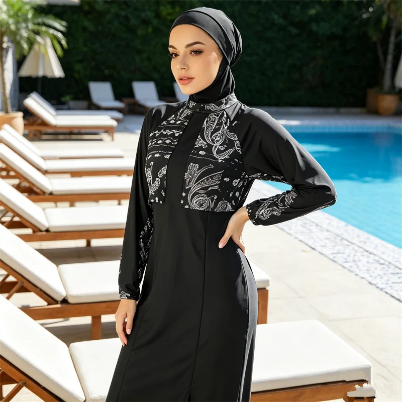 

2025 Modest Muslim Swimwear Long Robe Swimming Suit Muslimah Burkini with Hijab Swimsuit Islamic Femme Plain Clothe Beachwear