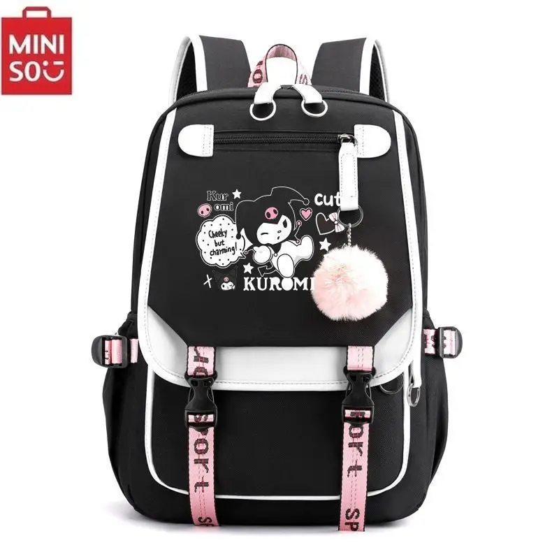 MINISO Kuromi Schoolbag Students Kawaii Double-layer Pencil Bag Large-capacity Casual Backpack Cartoon Printing Pen Bag