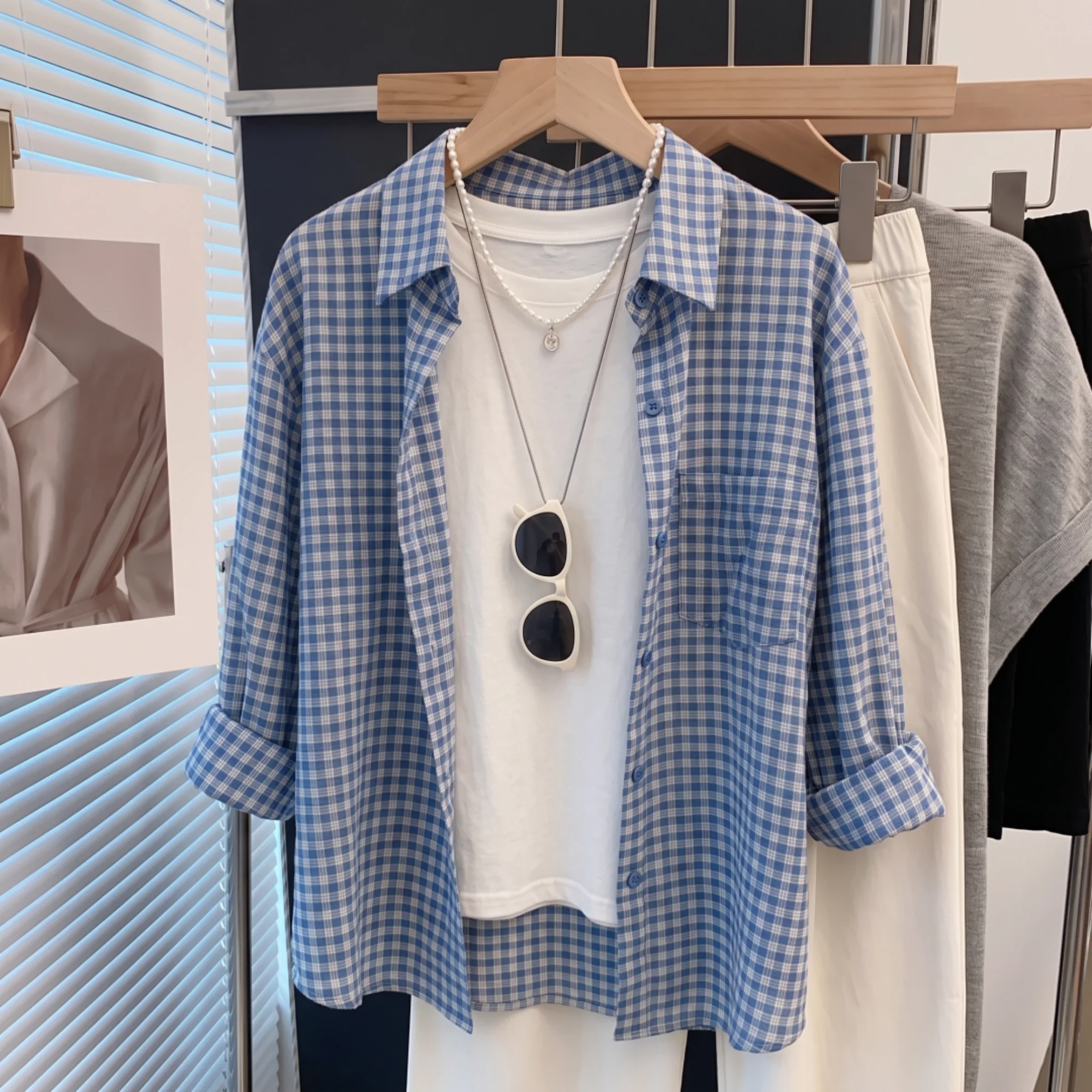 Light Blue Plaid Shirt Thin Sun Protection Shoulder Outerwear Women Summer New Large Size Fat Mm Anti Aging Top