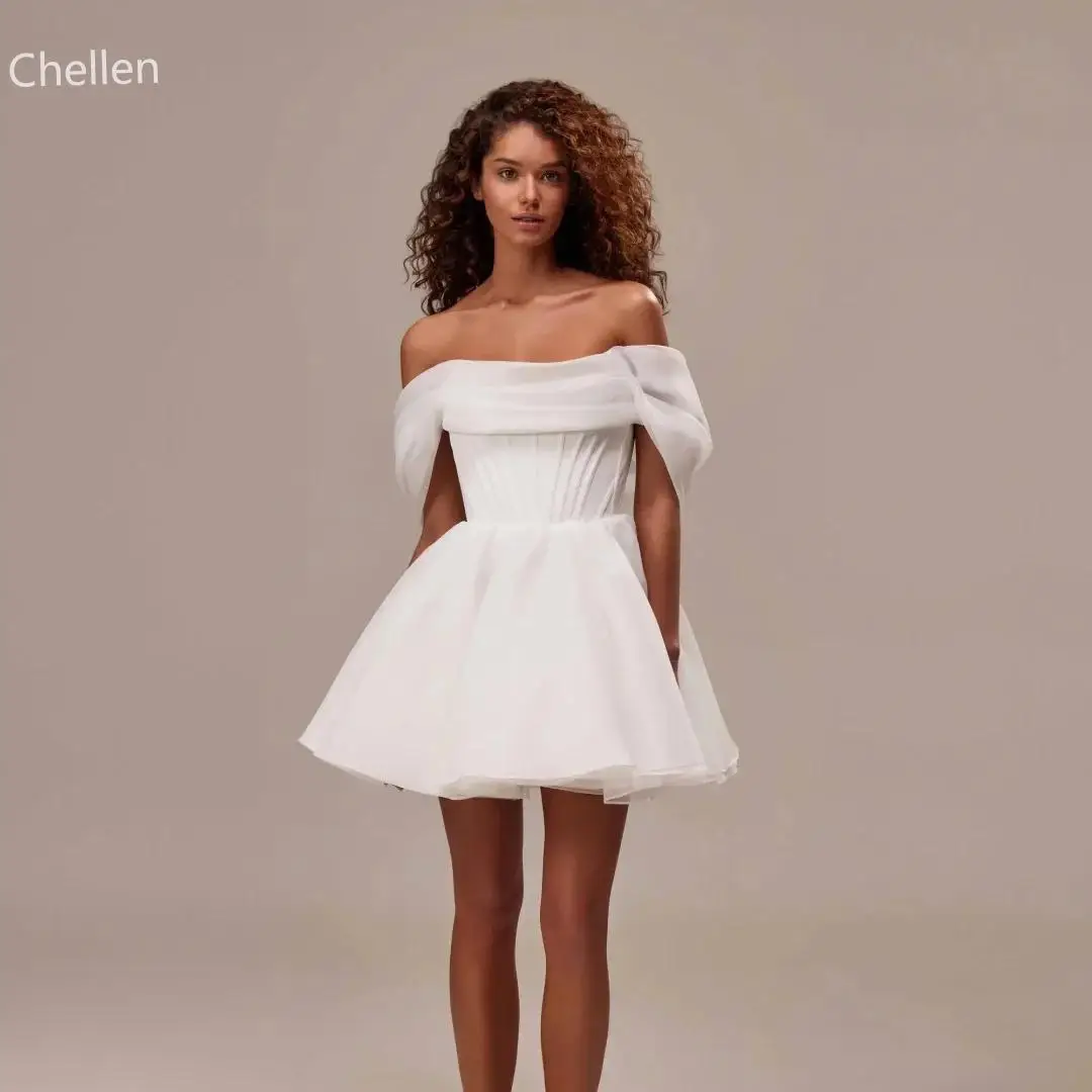 

Customized White Off The Shoulder Ball Gown Party Dress Organza Frenulum Prom Dress Short Skirt Evening Dresses