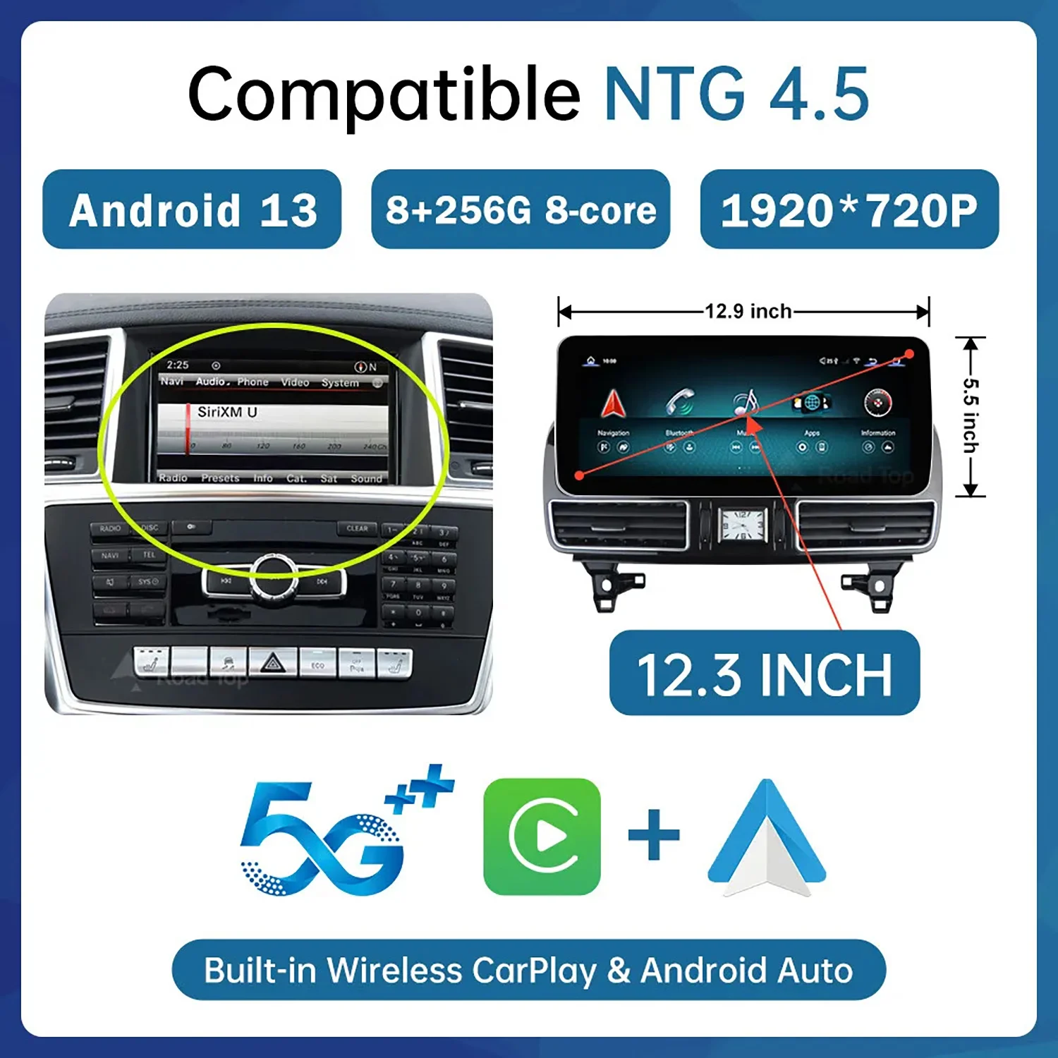 벤츠 ML W166 ML300 ML350 GL X166 GL350 2012 2015 용 내비게이션 디스플레이, NTG4.5 시스템 포함, 안드로이드 13 카플레이, 8 + 256g, 12.3 인치