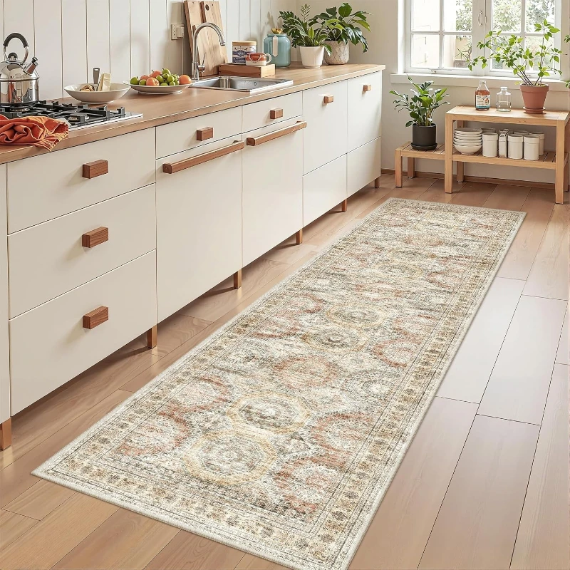 VIKAMA Boho Vintage Floral Runner Rug Non Slip Washable Hallway Carpet for Kitchen Entry Bedroom Farmhouse Indoor Floor Mat