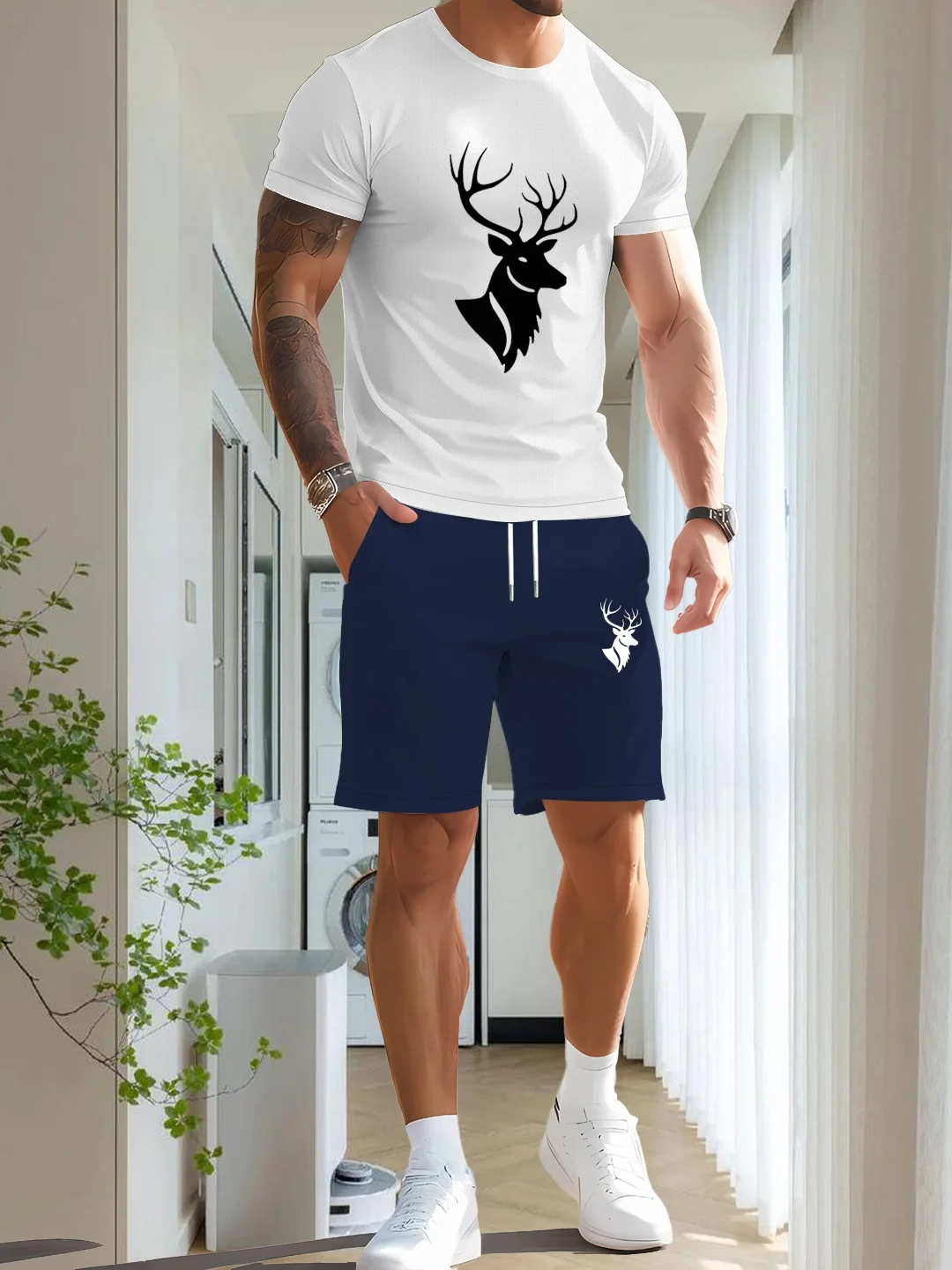 

Fashion round neck short sleeved shorts set, new summer trend brand printed men's casual sports loose top set