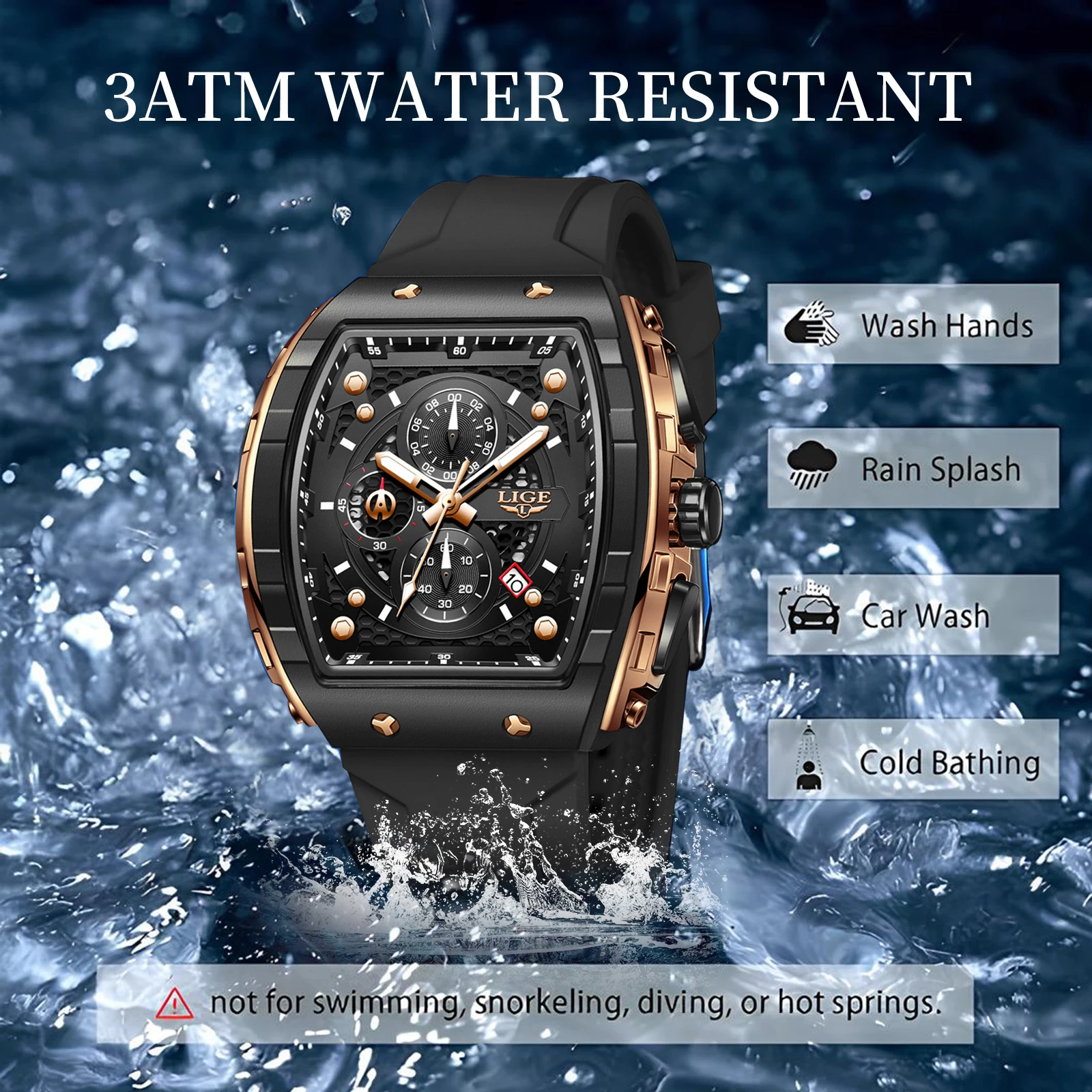 LIGE Outdoor Square Casual Sport Quartz Man Watch Top Brand Luxury Watches Fashion 50M Waterproof Auto Date Silicone Chronograph image 3