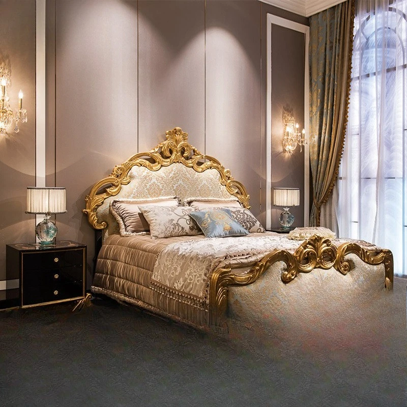 

Bed double bed master bedroom high-grade luxury solid wood hand-carved gold bed whole house furniture