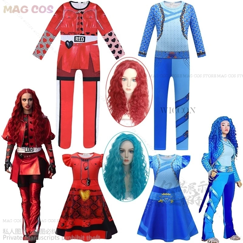 Anime Descend4ants Red Costume For Kid Rise Of Red Girls Red Chloe Cosplay Jumpsuit Wig Gloves Children Halloween Party BodySuit