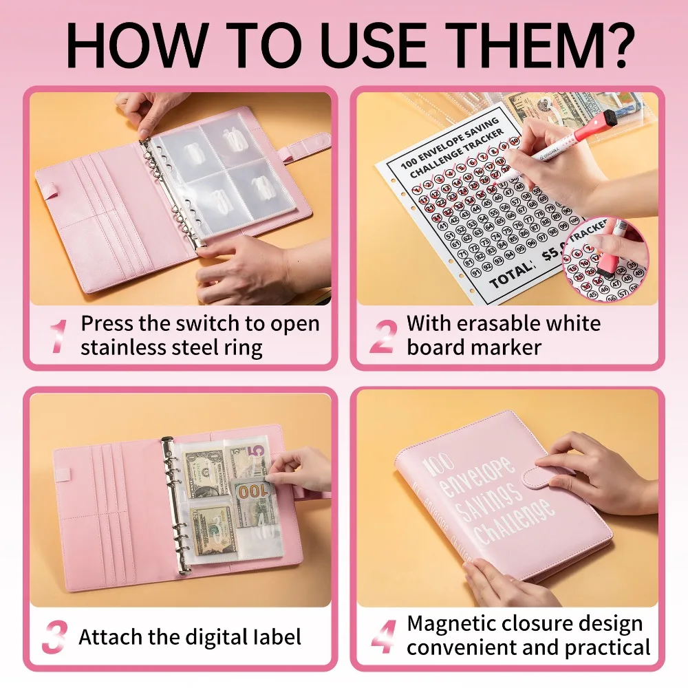 حافظة الميزانية مع مغلفات نقدية 100 ظرف تحدي نظام تنظيم المال توفير تحديات التوفير مجلد أوراق فضفاضة