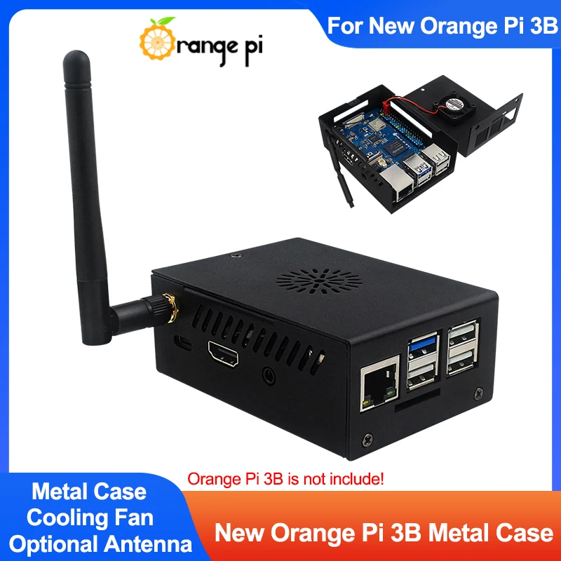 Nowa metalowa obudowa Orange Pi 3B Czarna aluminiowa obudowa z wentylatorem chłodzącym Opcjonalna antena dla nowej wersji Orange Pi 3B po maju 2024 r.