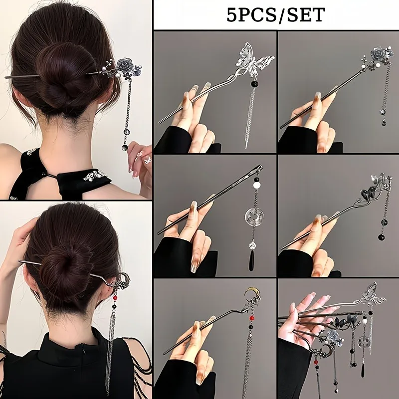 Horquillas chinas con decoraciones de mariposas y rosas negras, agujas para el cabello para uso diario en vacaciones, faldas largas, accesorios elegantes Qipao, 5 uds.