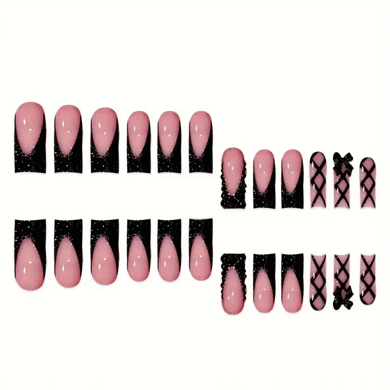 بقع أظافر مزيفة على الطراز الفرنسي ، عقدة سوداء ، اضغط على الأظافر ، باليه طويل ، أطراف أظافر مزيفة ، مانيكير يمكن ارتداؤه ، جميل ، 24 فقط