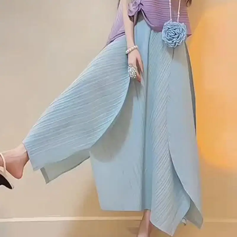 Versatile Patchwork Pleated Skirt Women Loose Long Skirt Elastic High Waist Design Solid Skirts Y2k Clothes Harajuku Trendy New