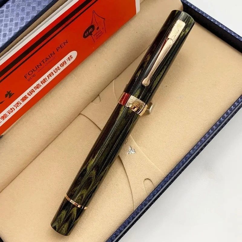 

Wingsung 600 Rose Clip 18k 8# Nib Gold Fountain Pen Plain Nib German Cumberland Rigid Natural Rubber Piston Long Knife Gift Pen