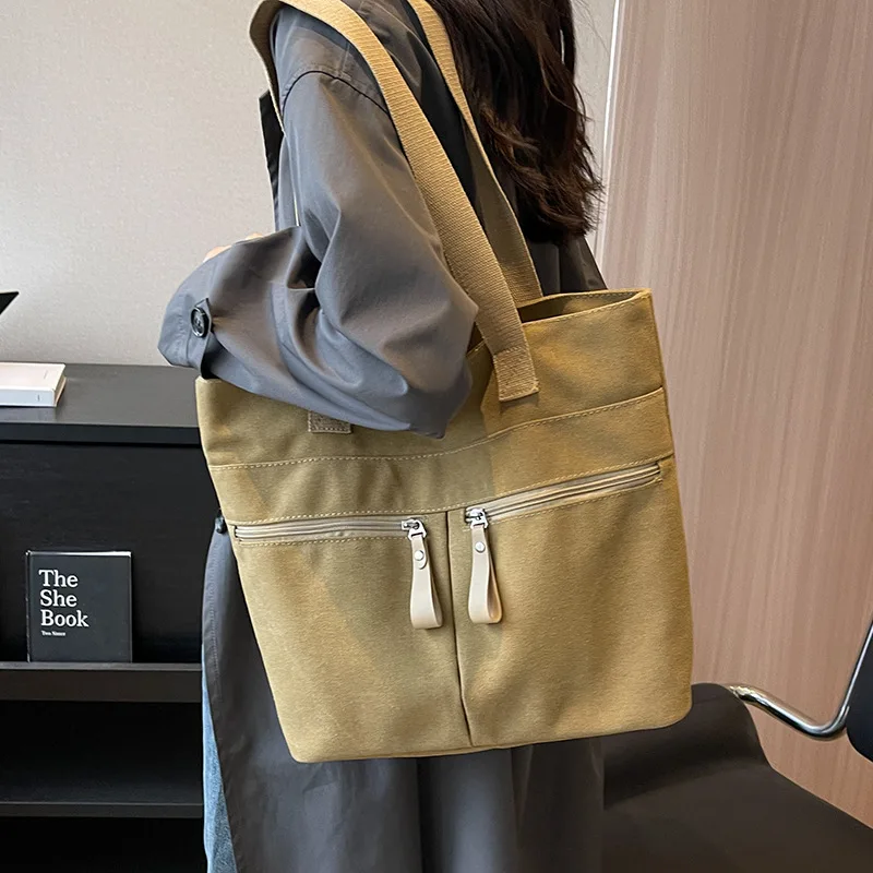 Bolso de lona de gran capacidad para mujer, bolsa de hombro con cremallera, estilo Preppy, combina con todo, a la moda, 2023