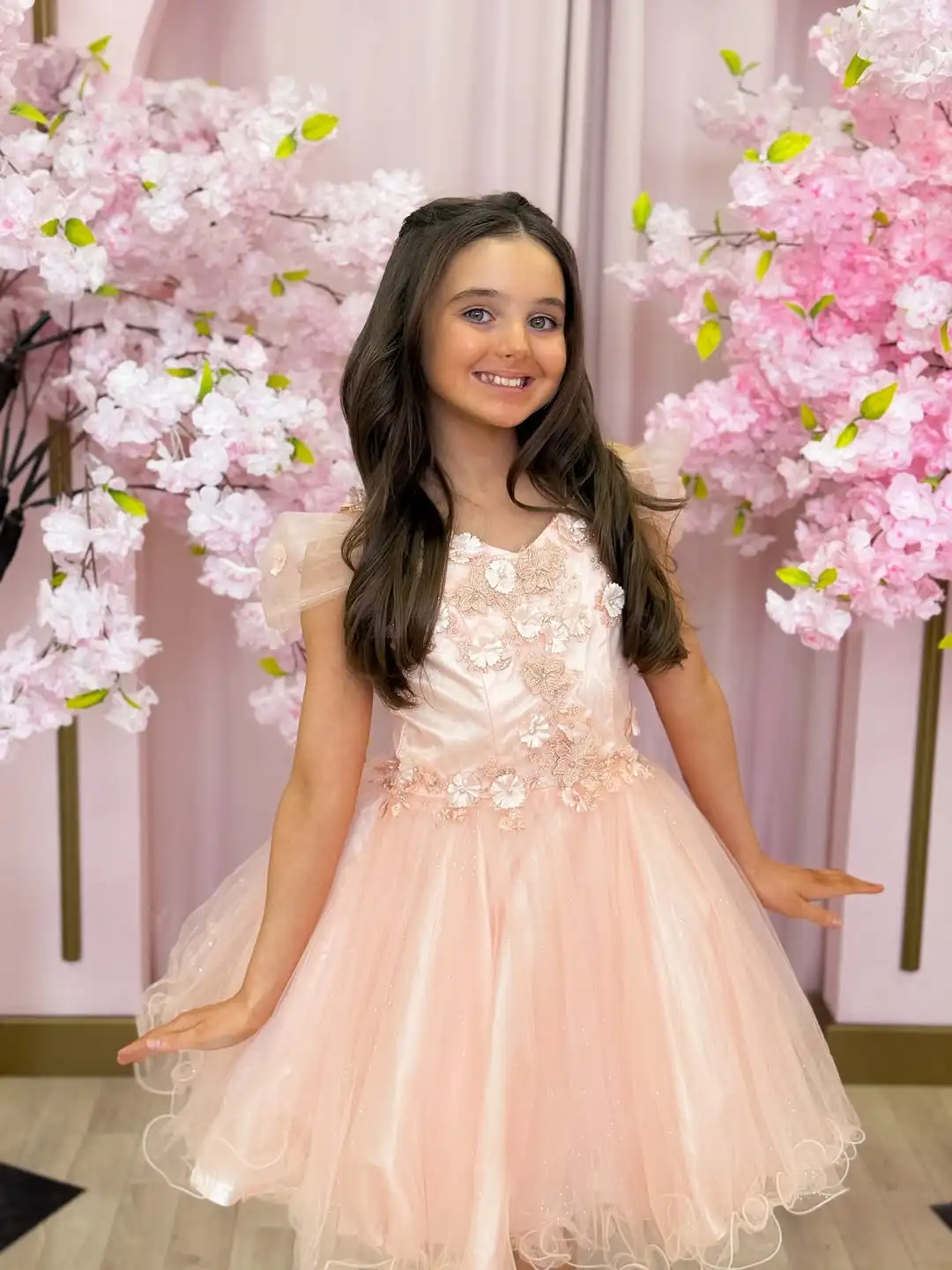 Princess Blush Pink Flower Girl Dresses for Wedding V-neck Applique Knee Lenght Kids Party Birthday First Communion Gown Custom