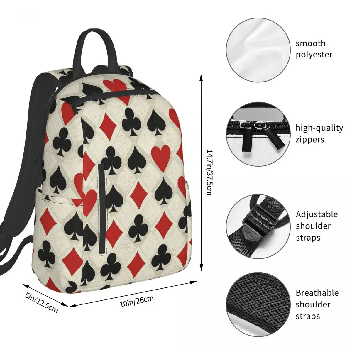 Playing Cards Symbols Pattern Backpack Student BookBag Children School Bag Laptop Shoulder Bags Men Women