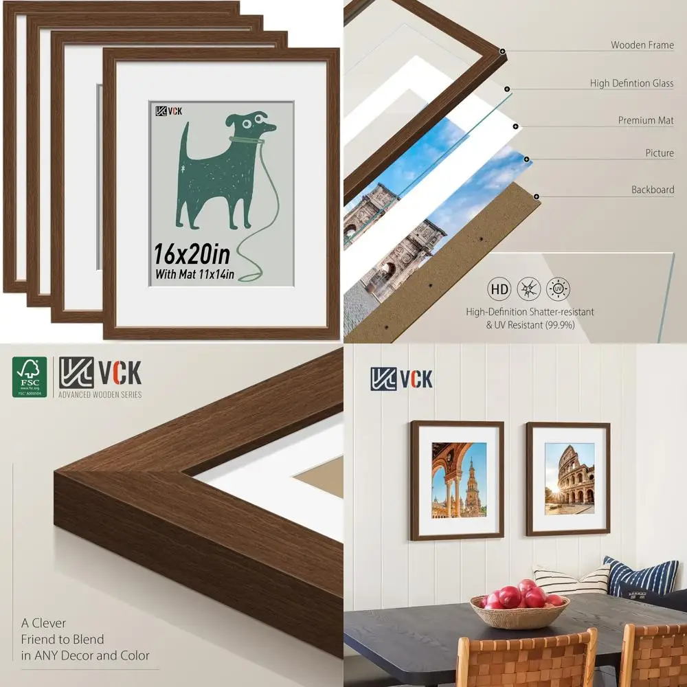 

Brown Wood 4-Piece Photo Frame Set, Tempered Glass, Wall-Mountable, Fits 11x14 with Mat or 16x20, Suitable for Home, Office, and