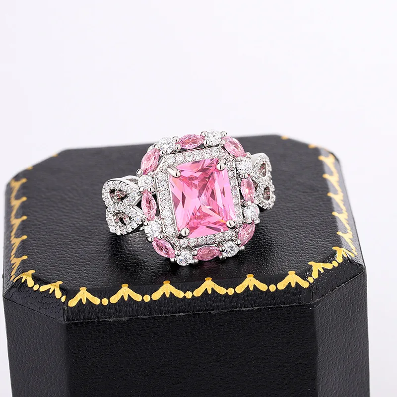 

Luxury S925 Sterling Silver Princess Square Geometric Yellow Gem Pink Gem Ring Ladies Engagement Gift Jewelry