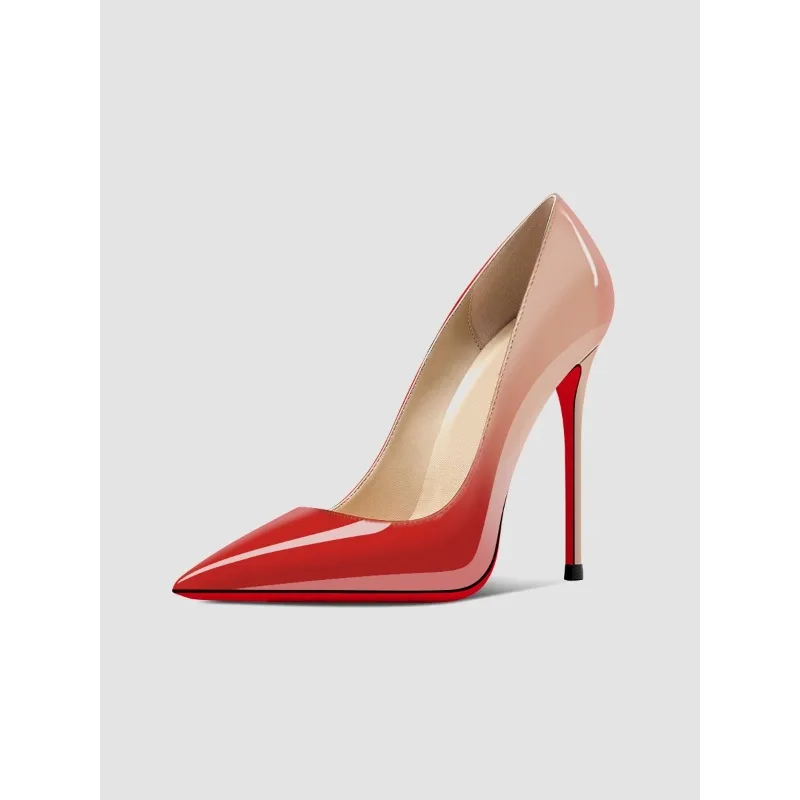 

Curved edge shallow mouth gradient red 12cm black high heels, feminine and socialite plus size professional single shoes
