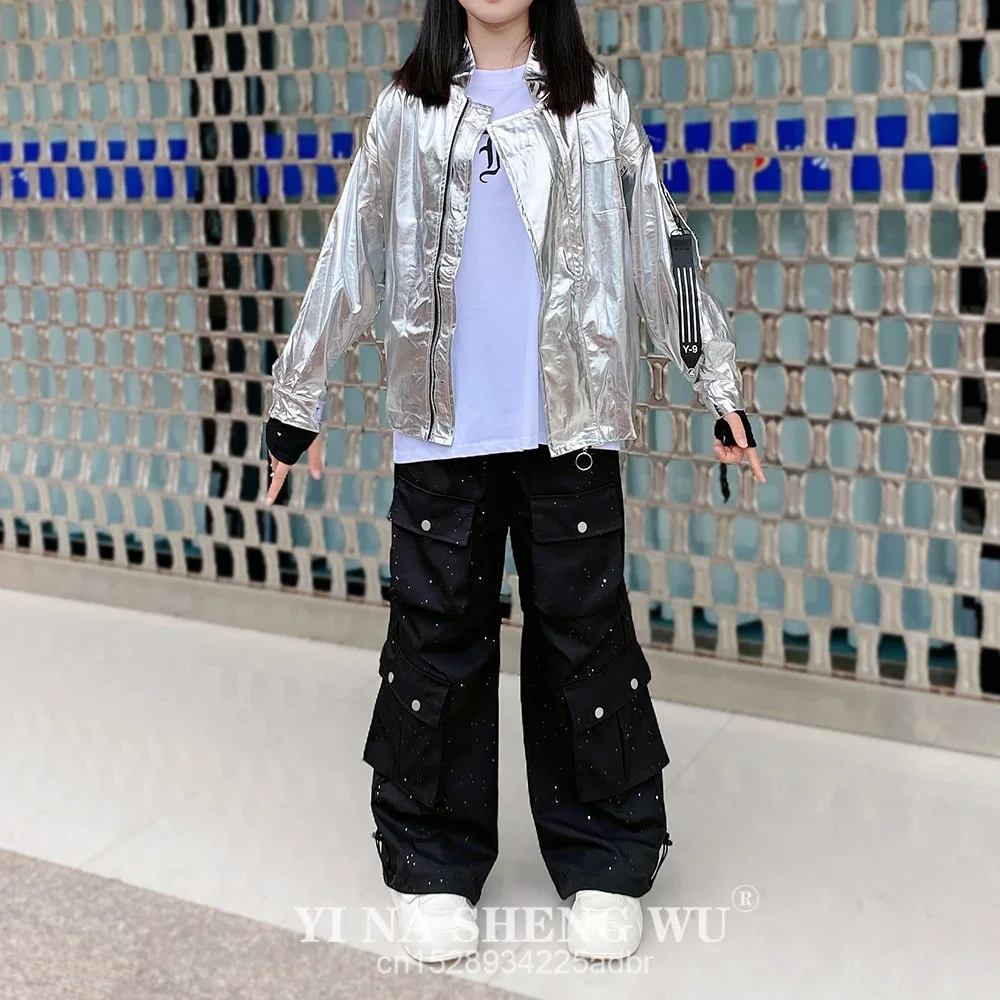 Boys Hip Hop Silver Jacket Street Dance Cargo Pants Girls Cool Streetwear Kids Jazz Clothes Sets Children Shiny Costumes