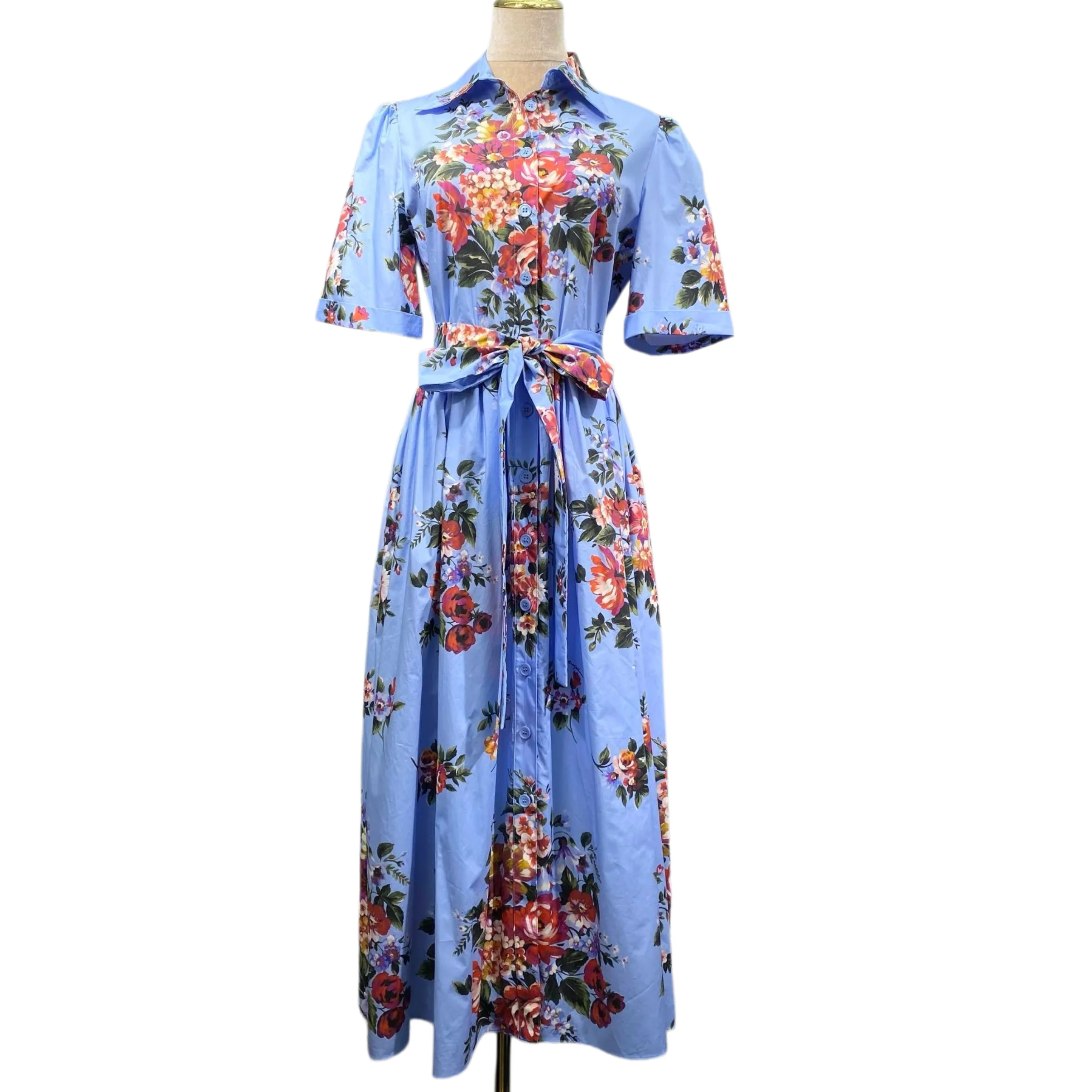 Women Blue Floral Cotton Midi Shirt Dress Summer Short Sleeve Button Down Turn-Down Collar Elegant Beach Vacation Sundress 2026