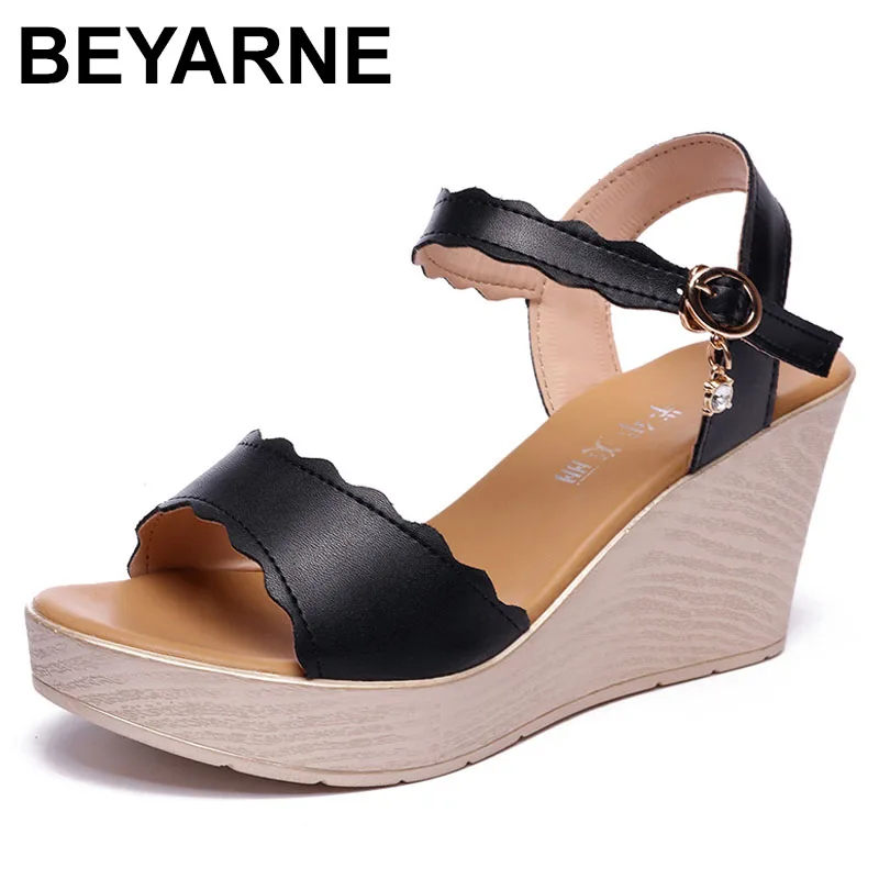 High quality summer wedge leather sandals for women 8cm high heel 2024 size 33 34 42 43 platform open toe elegant shoe black red