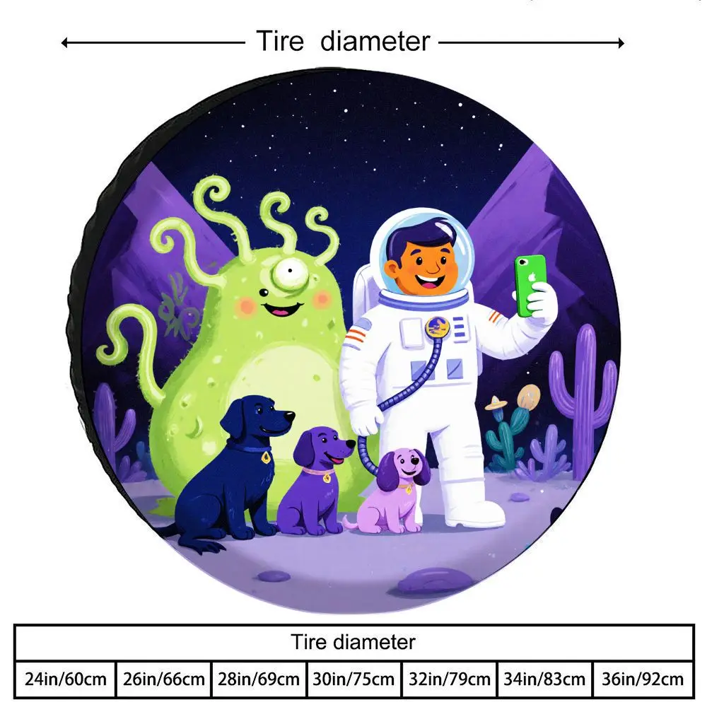 Tire Cover With A Fun Space Adventure Print Featuring An Astronaut And An Alien Dog Pattern, Made Of Polyester Fiber For Tire Pr