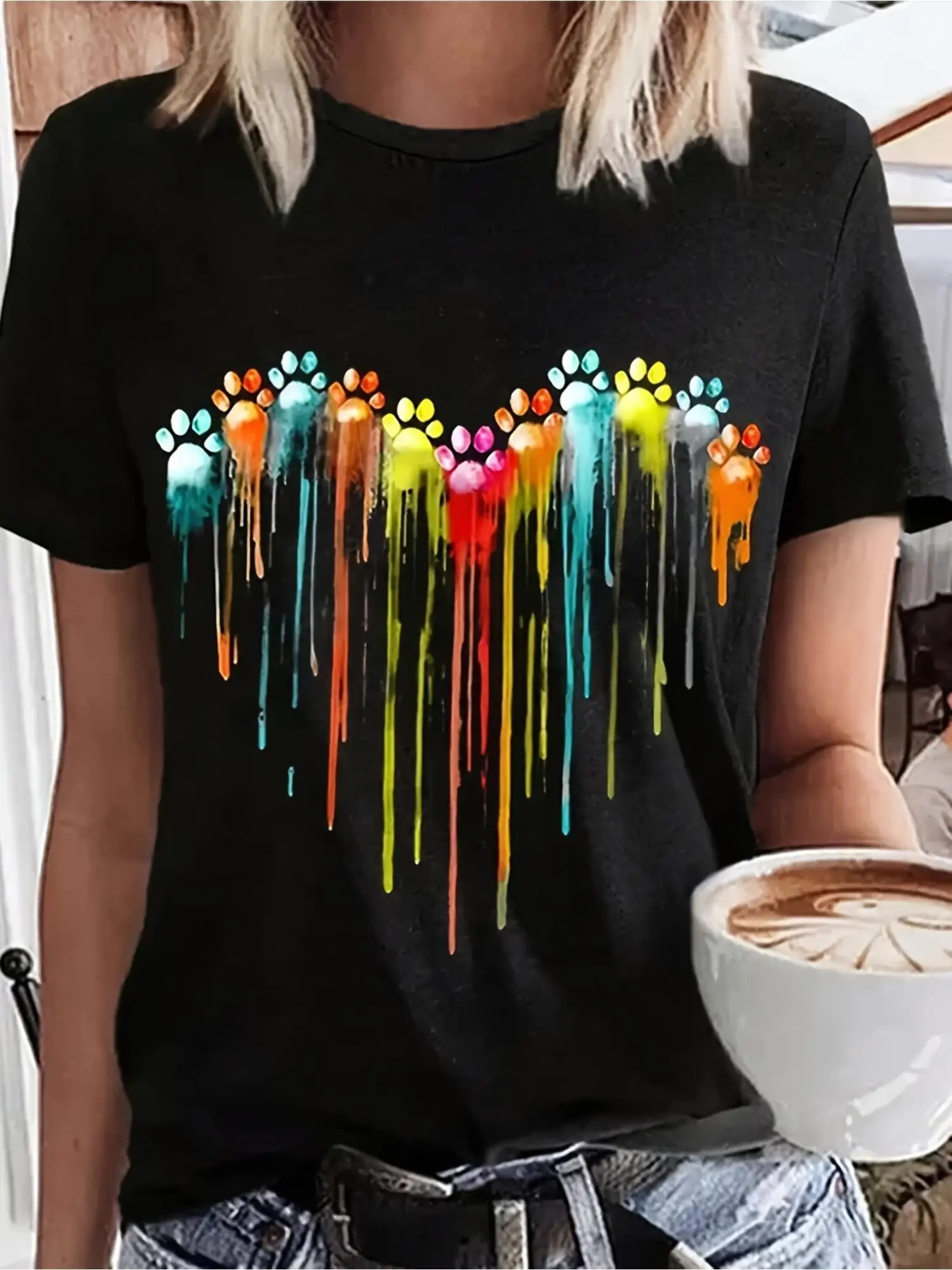 

Women's Casual T-Shirt with Colorful Heart Print Crew Neck Short Sleeve All-Season Comfort Allseason Apparel Short Sleeve Top