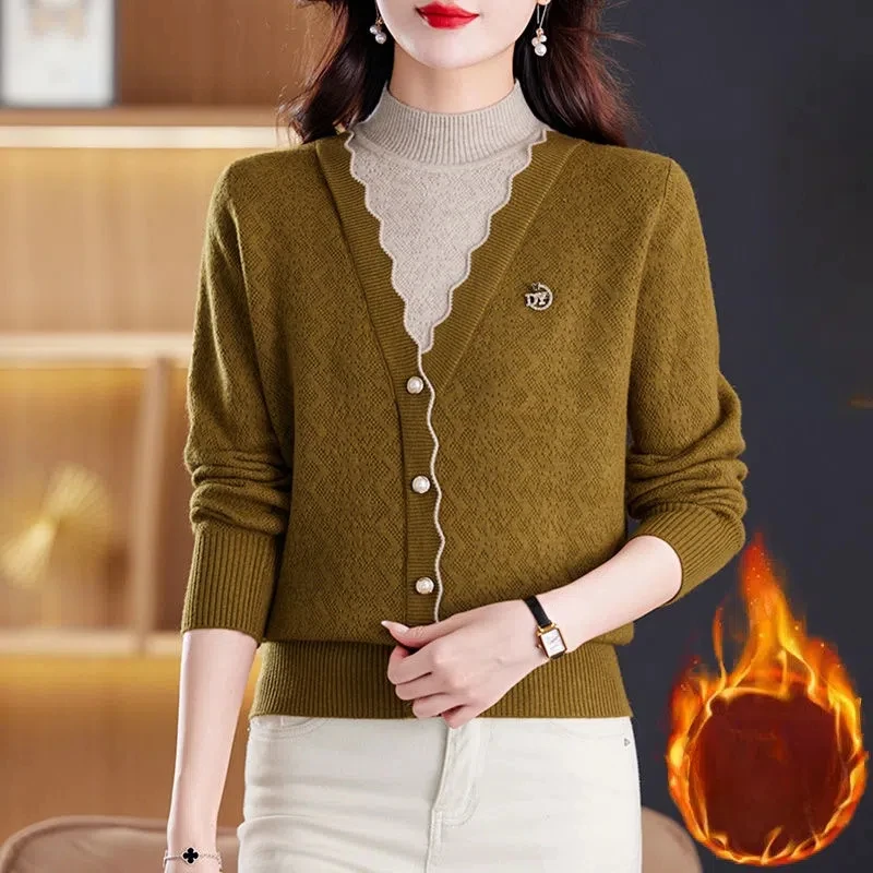 Women's Autumn Winter Fake Two Pieces Lantern Long Sleeve Button Half High Collar Sweater Knitted Pullover Contrast Color Tops