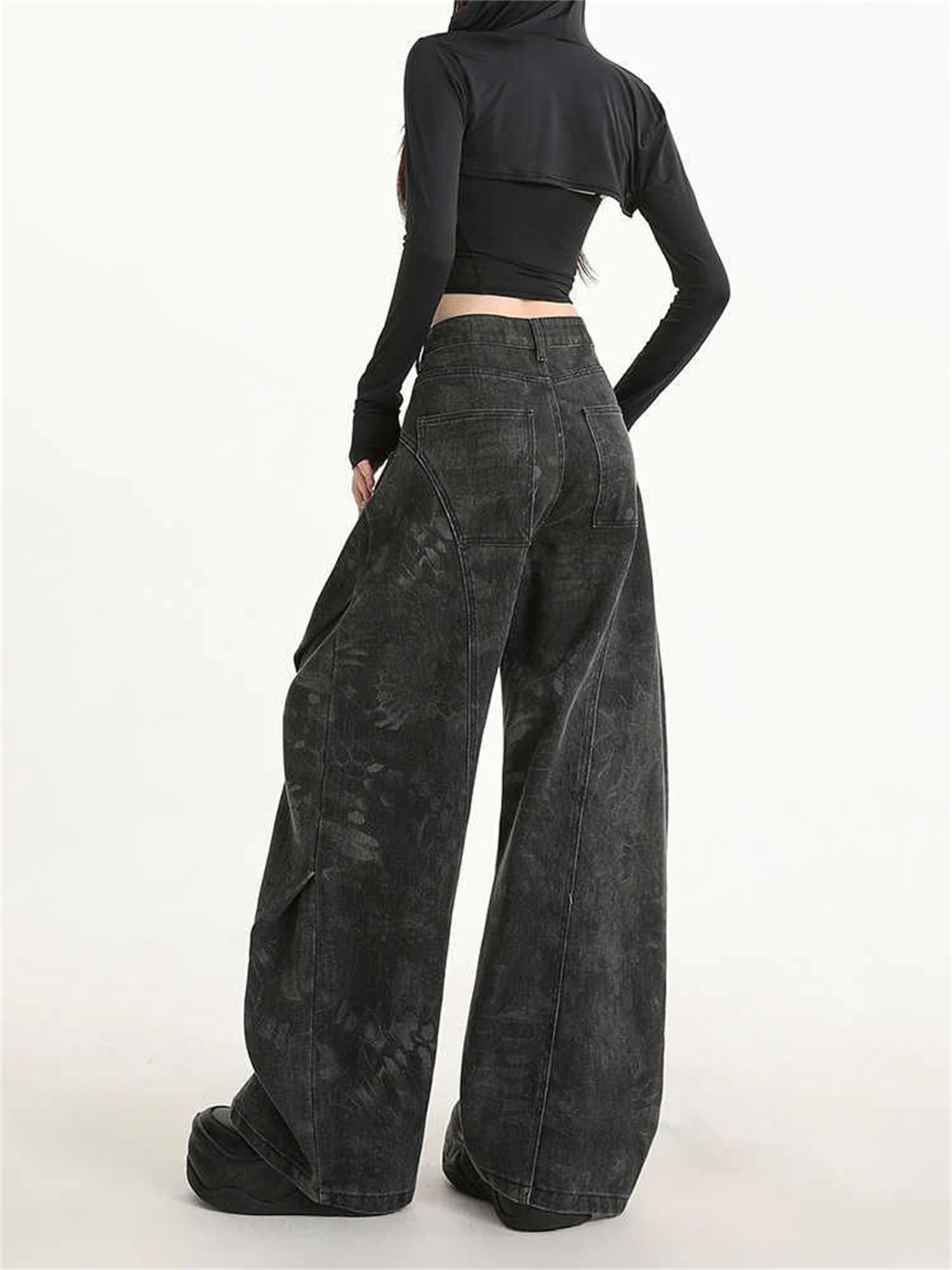 Celana Jeans Wanita Y2K Pinggang Tinggi Model Kaki Lebar Hitam Motif Subtil Gaya Gothic Streetwear Longgar