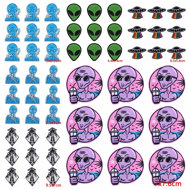 10 unids/lote parche de hierro parche alienígena es para ropa parches termoadhesivos en ropa rayas DIY insignias de parche bordado OVNI