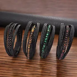 New Natural Stone Beads Men Bracelet Multilayer Leather Bracelet Punk Jewelry Stainless Steel Magnetic Clasp Bangles Custom logo