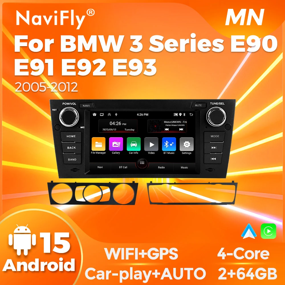 NaviFly 2DIN Car Radio Carplay For BMW 3 Series E90 E91 E92 E93 2006-2012 Android 15 Full AV Output Head Unit Android Auto GPS