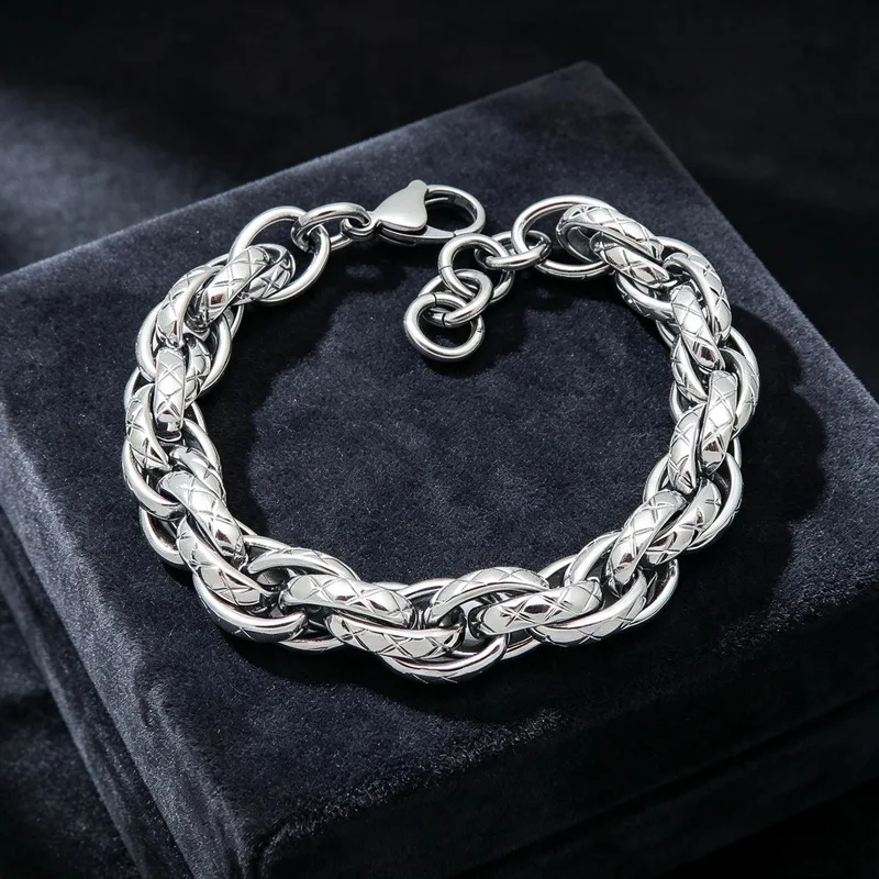 Kalen Thick Stainless Steel Textured Cuban Chain Bracelet for Men Punk X Carved Link Jewelry Adjustable Wrist Accessory Gifts