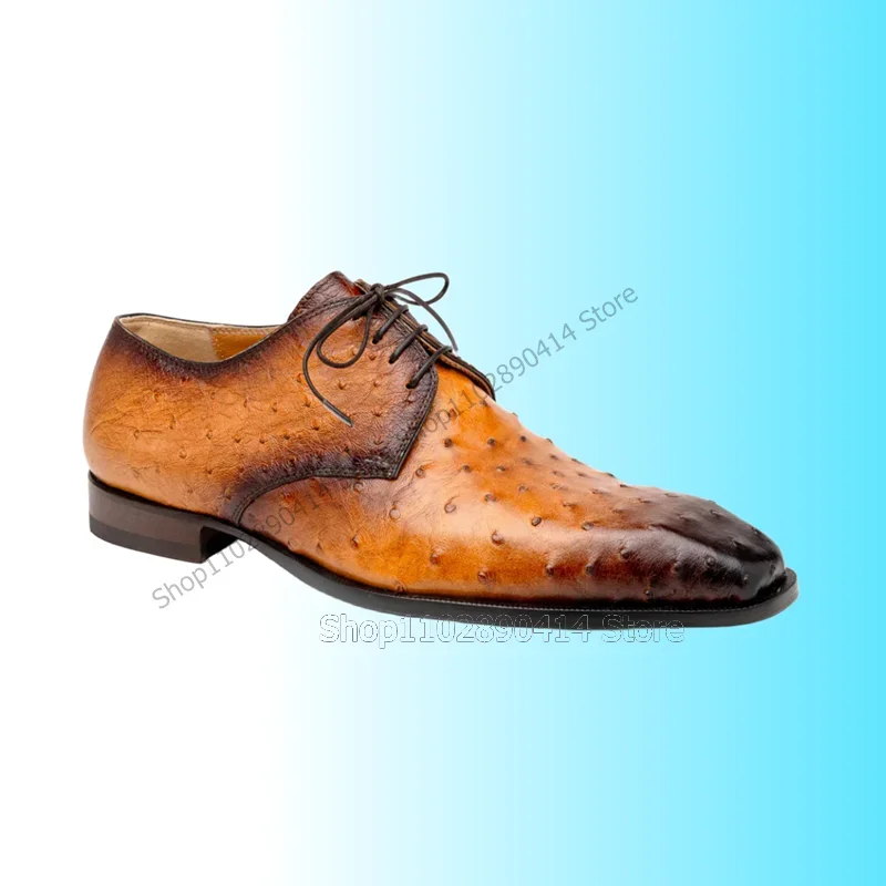 

Brown Gradient Color Ostrich Print Square Toe Men Shoes Fashion Lace Up Male Shoes Luxury Handmade Party Banquet Men Dress Shoes
