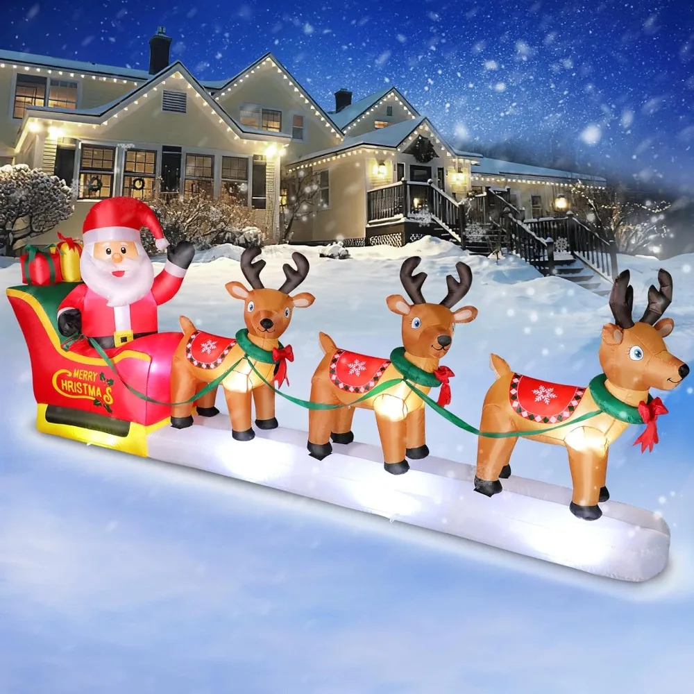 

12FT Christmas Inflatables Santa Claus on Sleigh Outdoor Decorations, Blow Up 3 Reindeers Pulling Santa's Sleigh with G