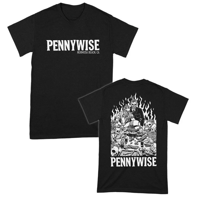 Camiseta Pennywise Skeleton Last Supper com estampa artística Dark Punk, camiseta casual de algodão unissex, streetwear, top preto