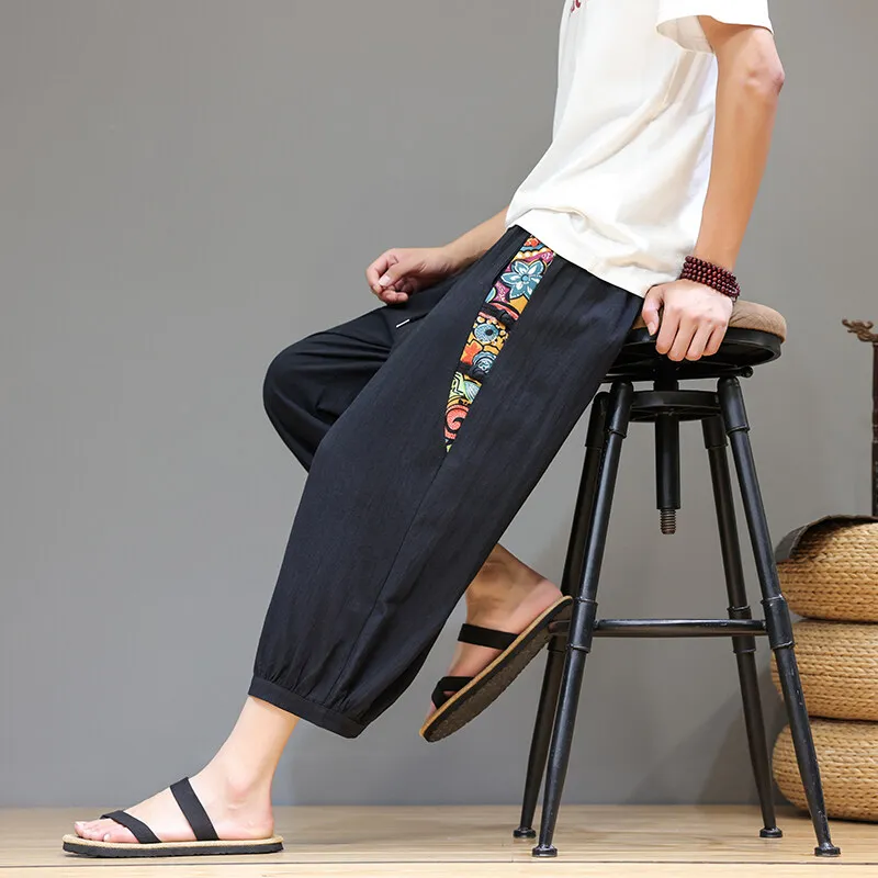 

Men Summer Shorts Cotton Breathable Casual Trousers Loose Retro Traditional Streetwear Calf Length Pants Comfortable Shorts Men
