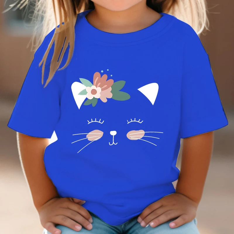 Cartoon Flower Cat Design Girls Boys Short Sleeve T-shirt 2024 Summer Clothing Loose Cute Animal Tops Tees Kids Kitten Tshirt