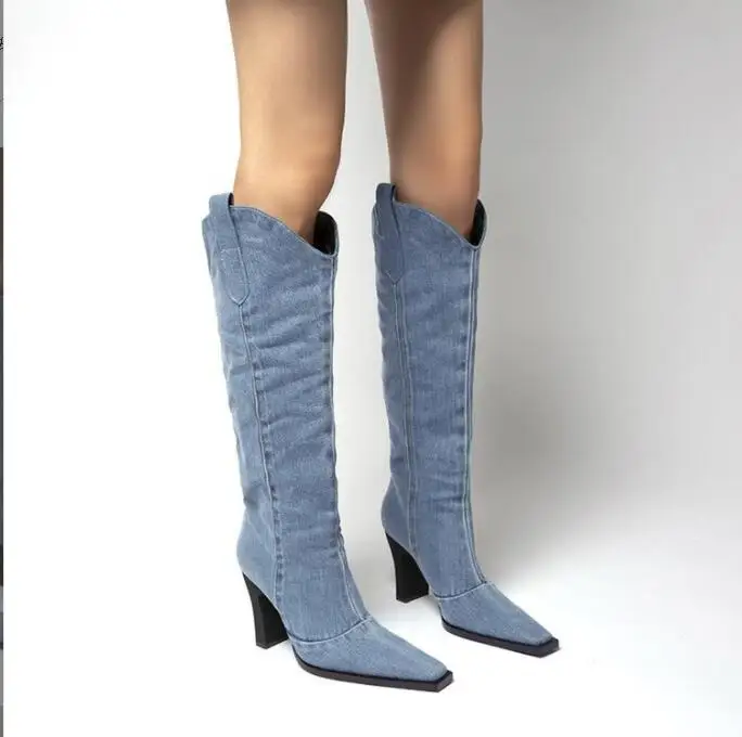 

New pointed Denim Ladies Non-slip Boots Fashion Thick-soled Spring Thigh High Boots Women Autumn Fashion Casual Shoes Women Boot