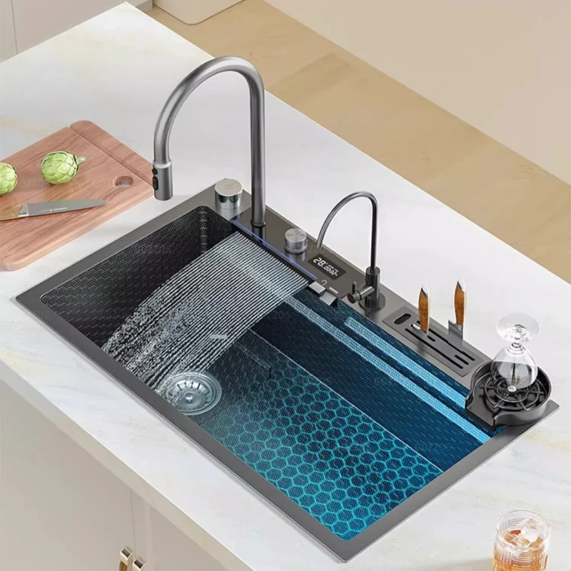 Waterfall Sink Kitchen Stainless Steel Topmount Sink Embossed Large Single Slot Wash Basin With Multifunction Tank Low Price