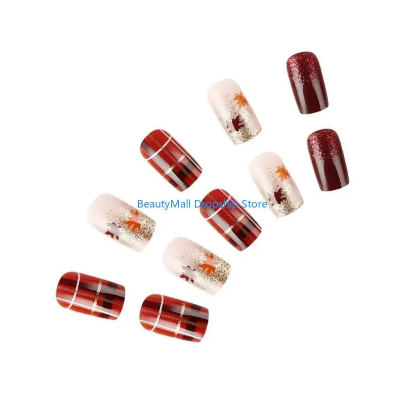 40JD عيد الشكر سقوط ورقة القيقب تصاميم الأظافر كاذبة مربعة غطاء كامل الضغط على مانيكير الأظافر الاصطناعية 24pcs