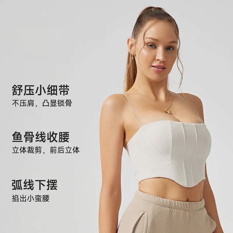 Spaghetti Strap Crop Top with Chest Pad Women Seamless Underwear Sexy Off Shoulder Fit Slim-fitting Ladies Strap Top Yoga Bra