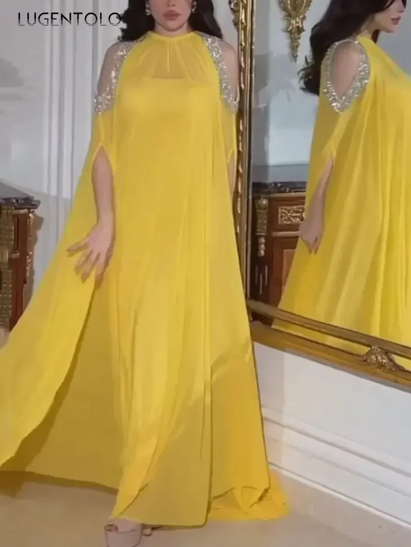 

Women Sexy Chiffon Dress Party Temperament Cape Beads Robe Middle East Lady Elegant Solid New Loose Long Two-piece Set