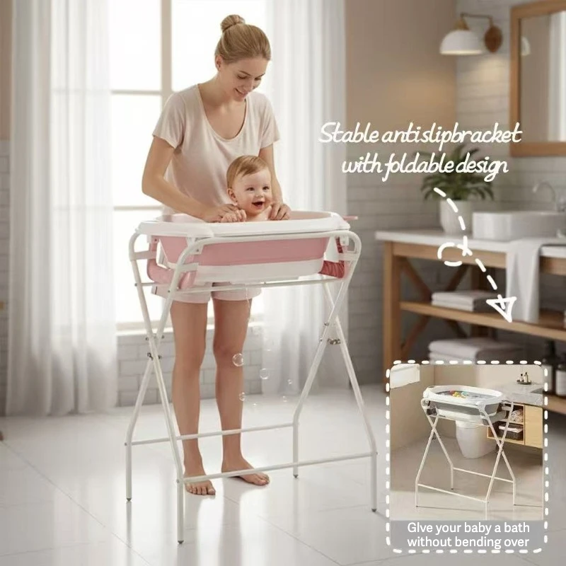 No-Bend Baby Bathing Station with Stand: Upgraded Foldable Tub with Temperature Display, Detachable for Newborn-Toddler