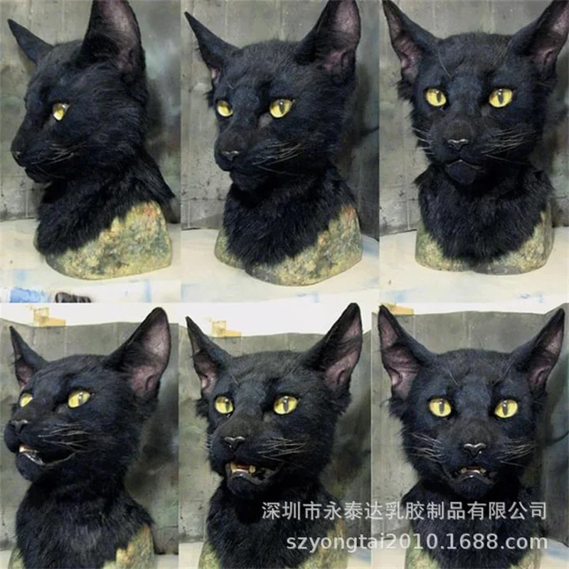 Black Cat Mask with Hairs Halloween Costume Party Novelty Animal Head Rubber Latex Mask