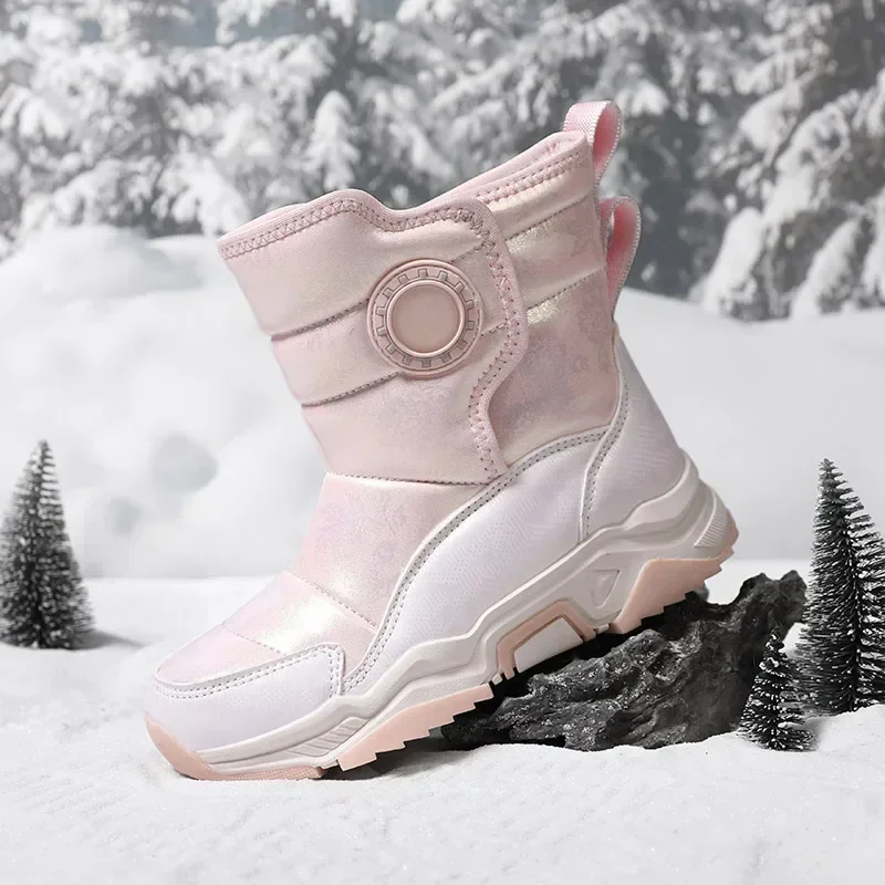 Botas de nieve para niñas, zapatos de invierno de 5-10 años para niños pequeños, zapatos cálidos de piel, botines con plataforma de moda de felpa impermeables 5568