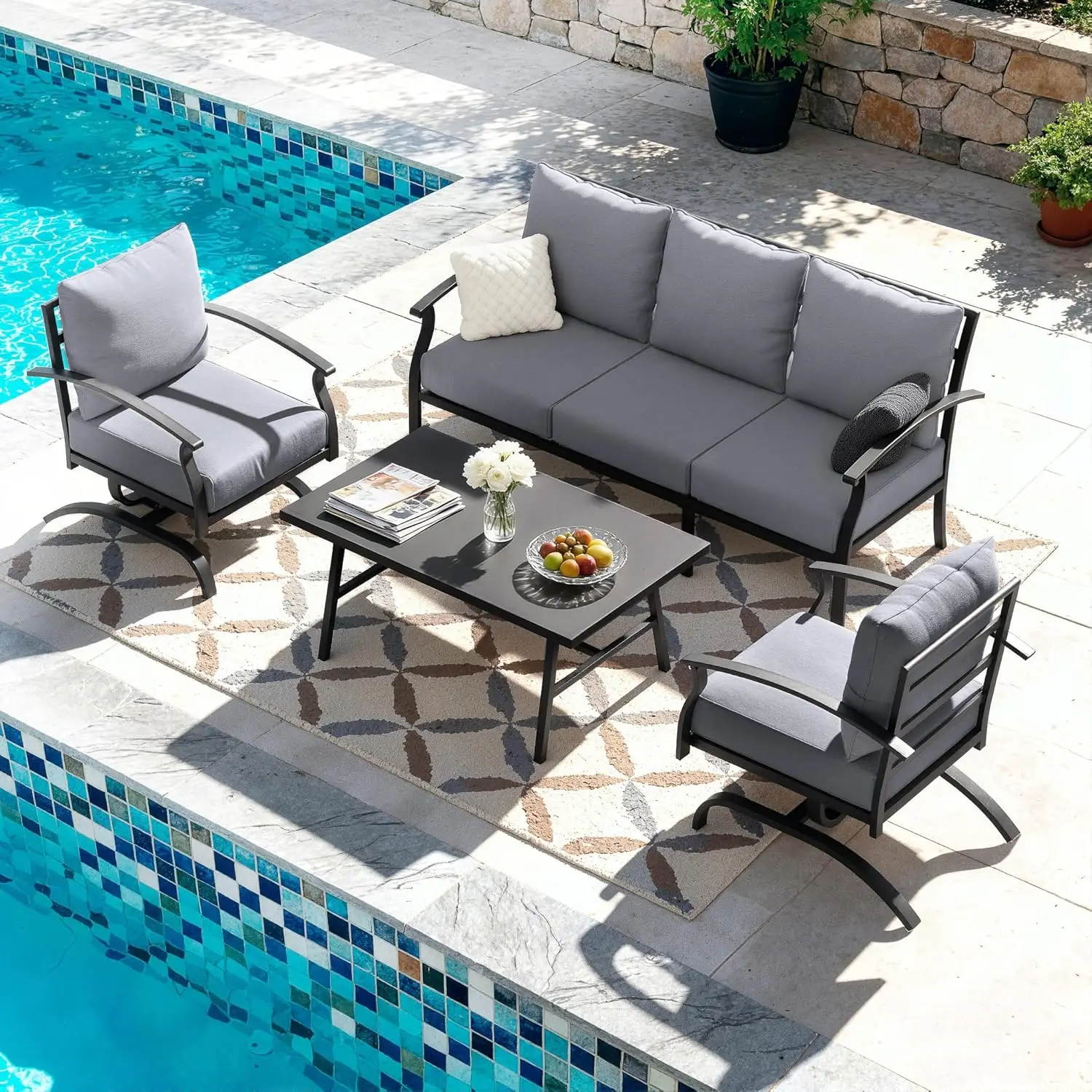 

Patio Furniture Set,4 Piece Metal Outdoor Patio Furniture Set,All Weather Modern Patio Conversation Sets w/3 Seater, Customized